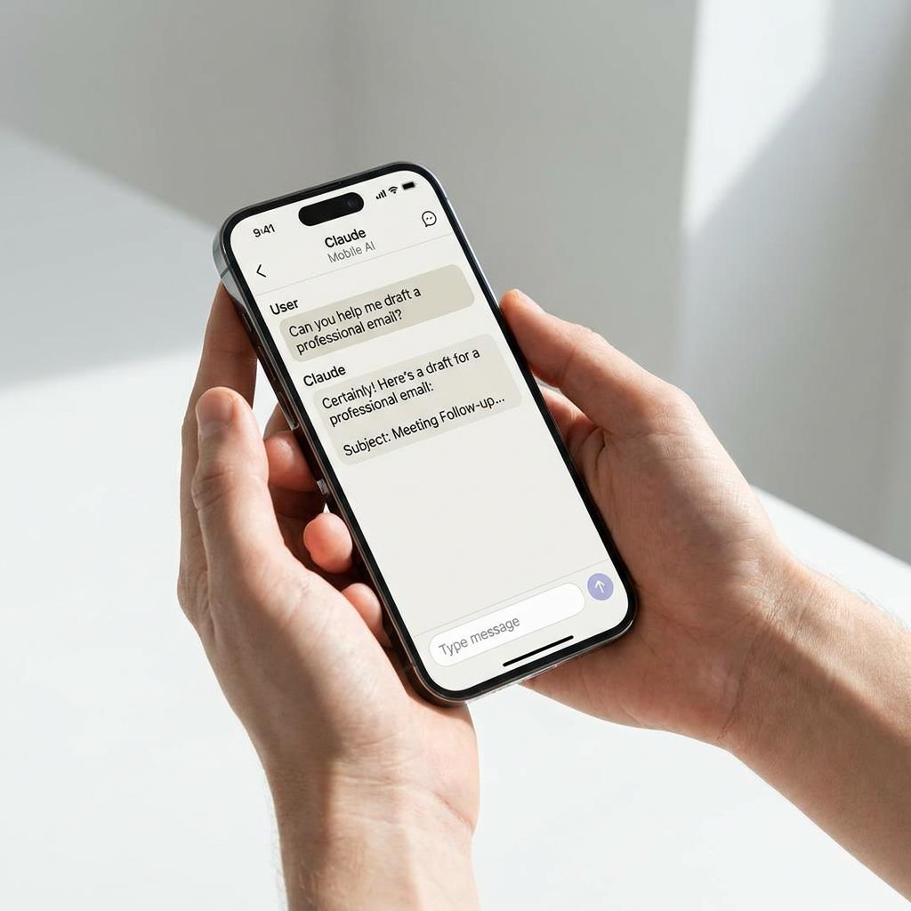 Close-up of hand holding a smartphone showing a clean Claude mobile AI chat conversation