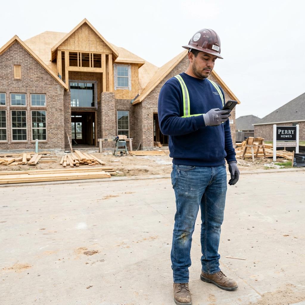 Builder at a residential job site, work clothes, phone in hand
