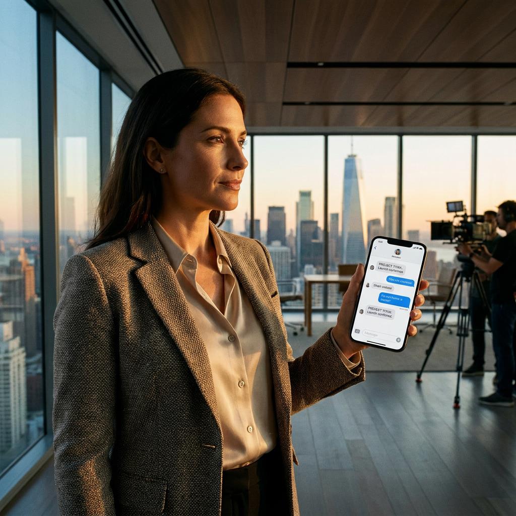 Business professional in a beautiful glass office with skyscrapers in background, phone in hand