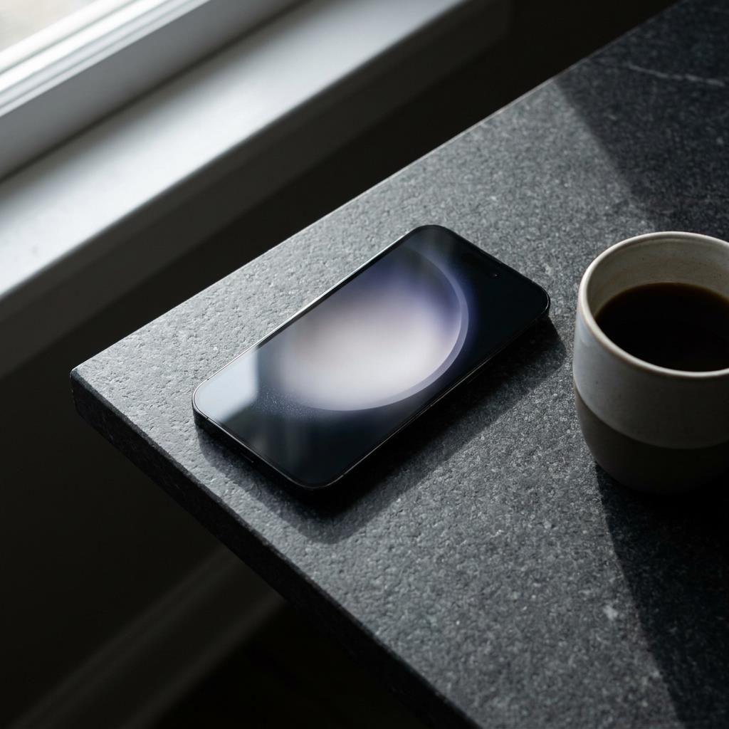 Smartphone with a glowing screen sitting on a dark minimal concrete surface, atmospheric light