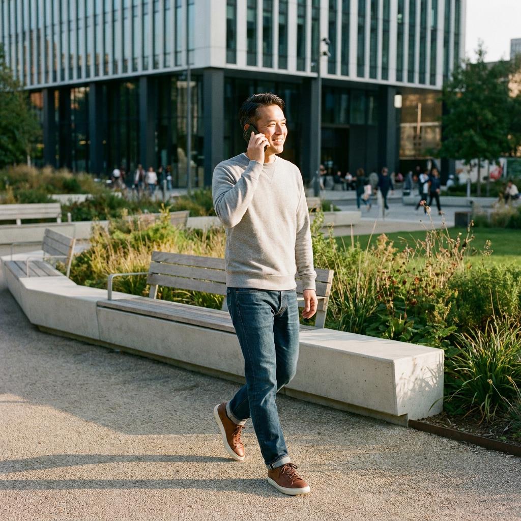 Everyday operator in casual attire walking outdoors with phone in hand