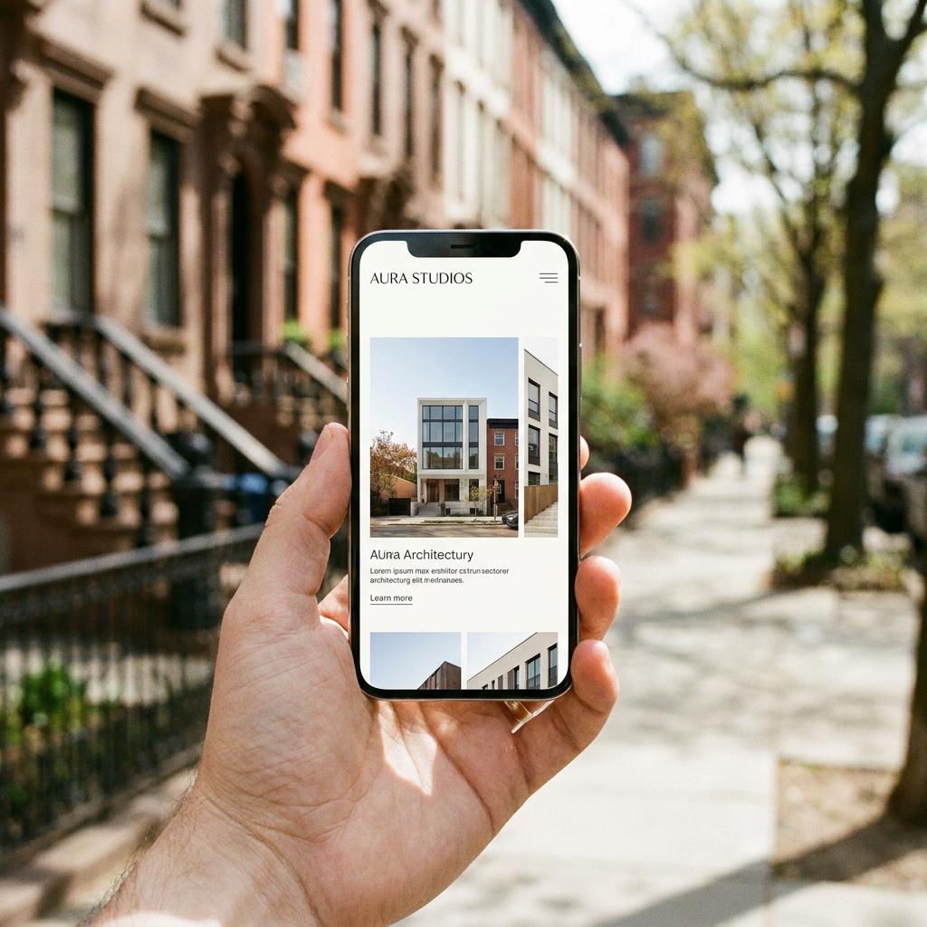 Person holding a smartphone which renders a stunningly clean, beautiful minimalist custom business website